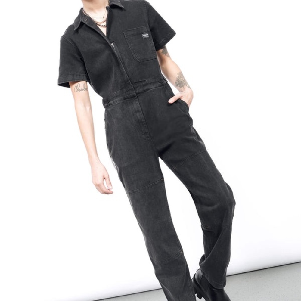 Wildfang Essential Coverall Black Charcoal Stretchy Denim Short Sleeve Jumpsuit